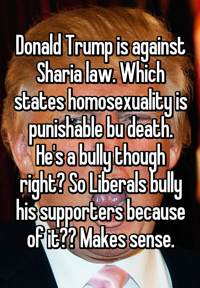 Donald Trump is against Sharia law. Which states homosexuality is punishable bu death. He's a bully though right? So Liberals bully his supporters because of it?? Makes sense.