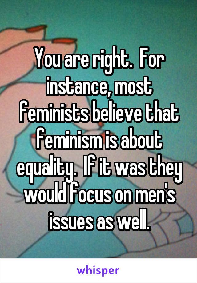 You are right.  For instance, most feminists believe that feminism is about equality.  If it was they would focus on men's issues as well.