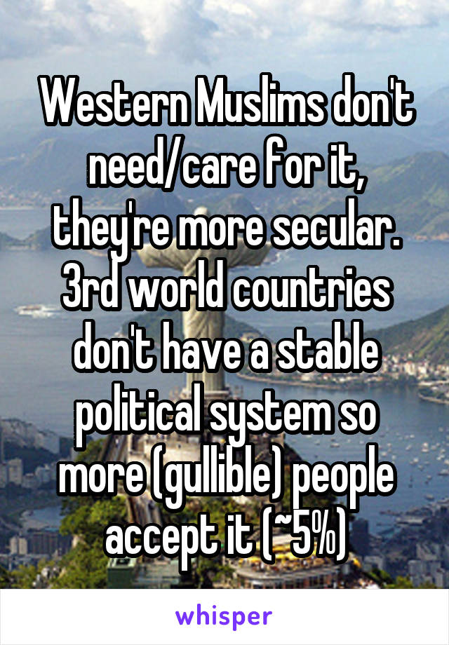 Western Muslims don't need/care for it, they're more secular. 3rd world countries don't have a stable political system so more (gullible) people accept it (~5%)