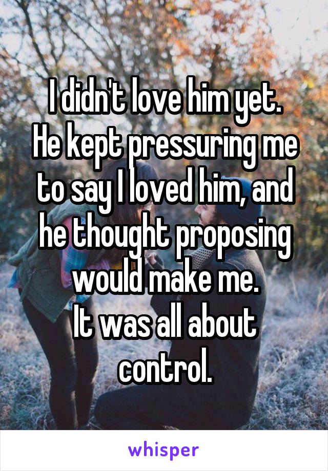I didn't love him yet.
He kept pressuring me to say I loved him, and he thought proposing would make me.
It was all about control.