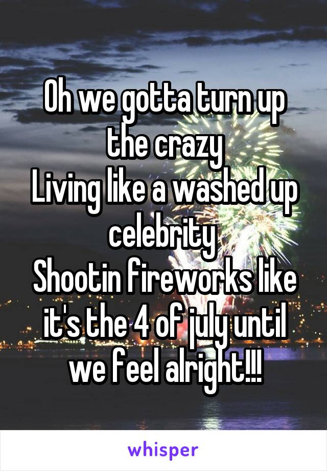 Oh we gotta turn up the crazy
Living like a washed up celebrity 
Shootin fireworks like it's the 4 of july until we feel alright!!!