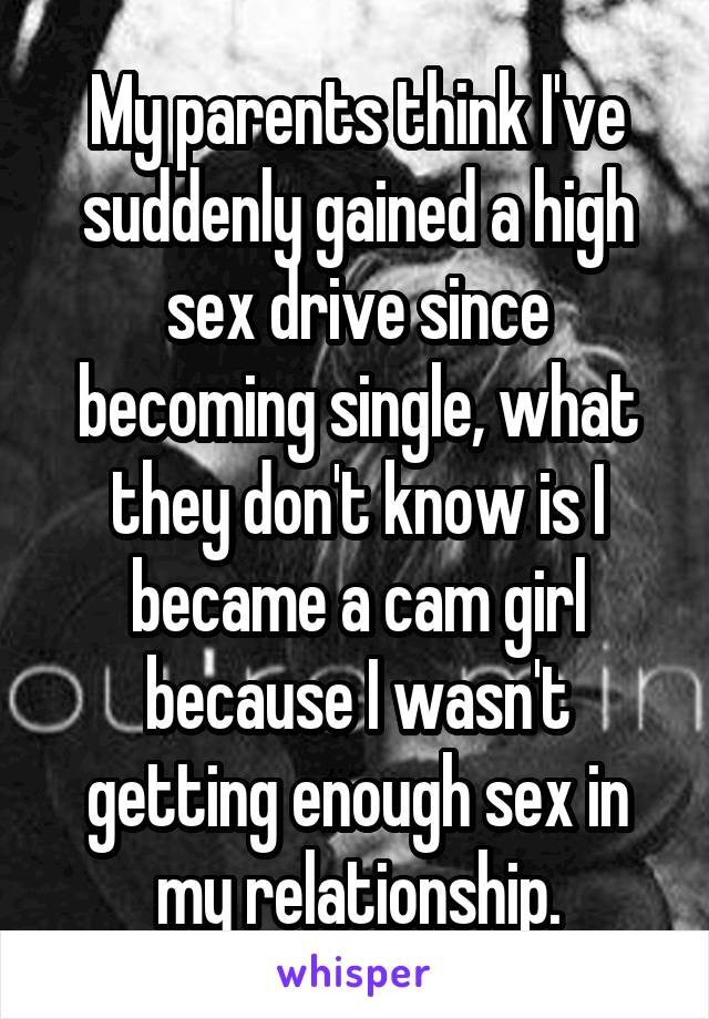 My parents think I've suddenly gained a high sex drive since becoming single, what they don't know is I became a cam girl because I wasn't getting enough sex in my relationship.
