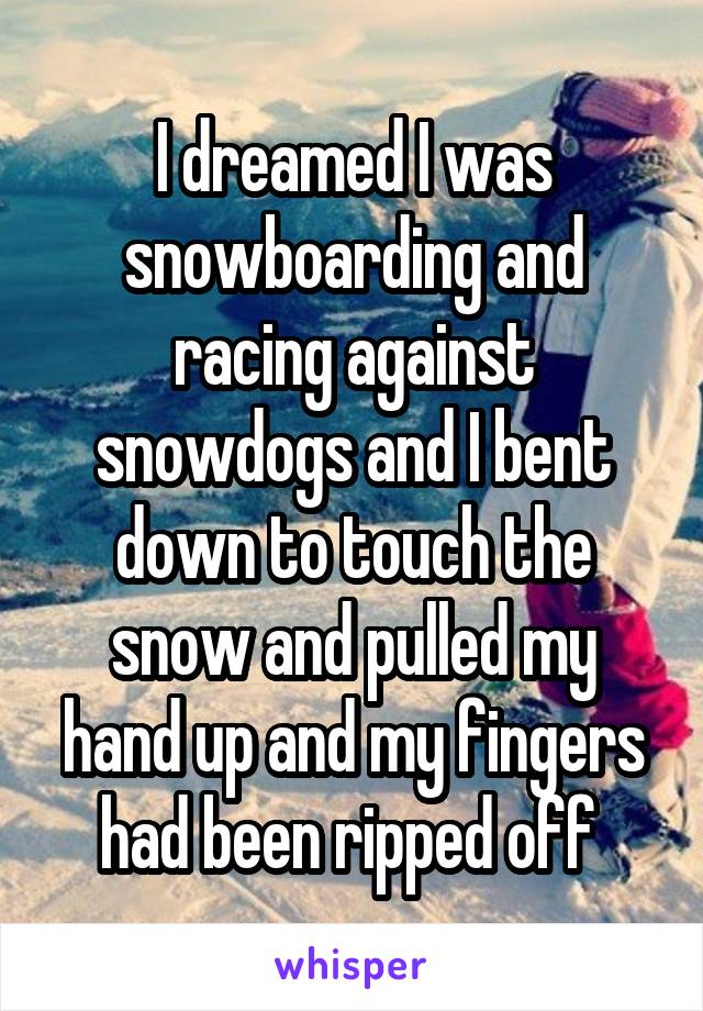 I dreamed I was snowboarding and racing against snowdogs and I bent down to touch the snow and pulled my hand up and my fingers had been ripped off 