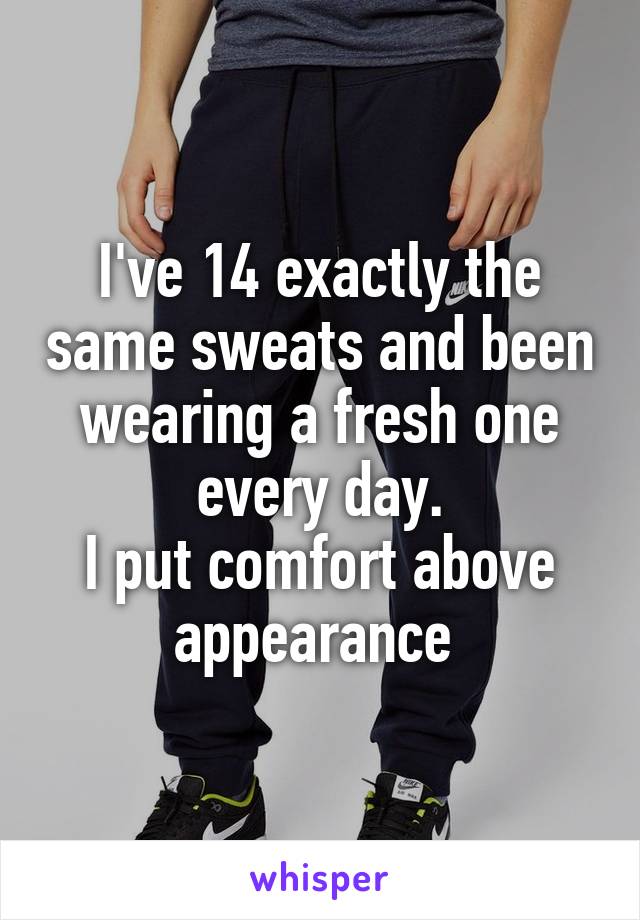 I've 14 exactly the same sweats and been wearing a fresh one every day.
I put comfort above appearance 