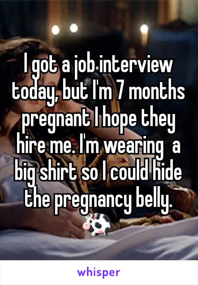 I got a job interview today, but I'm 7 months pregnant I hope they hire me. I'm wearing  a big shirt so I could hide the pregnancy belly.
🐄