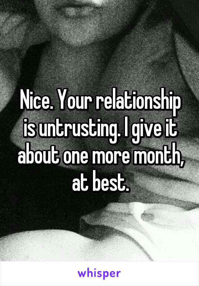 Nice. Your relationship is untrusting. I give it about one more month, at best.