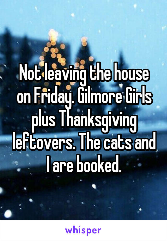 Not leaving the house on Friday. Gilmore Girls plus Thanksgiving leftovers. The cats and I are booked.