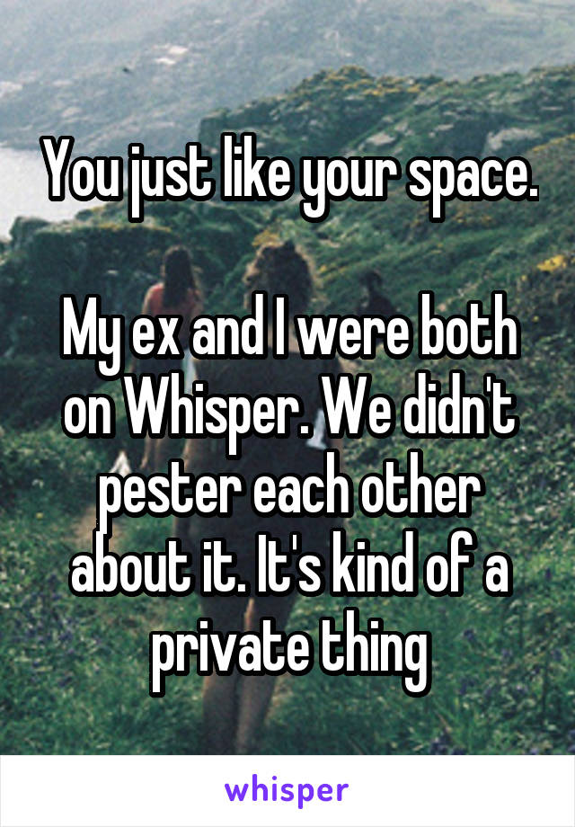 You just like your space.

My ex and I were both on Whisper. We didn't pester each other about it. It's kind of a private thing