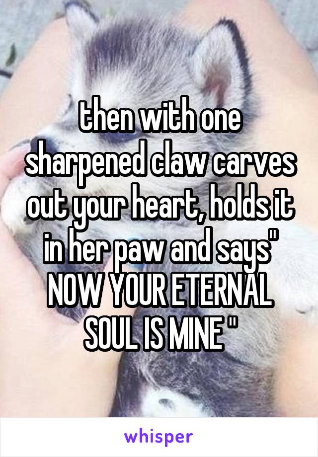 then with one sharpened claw carves out your heart, holds it in her paw and says" NOW YOUR ETERNAL SOUL IS MINE "