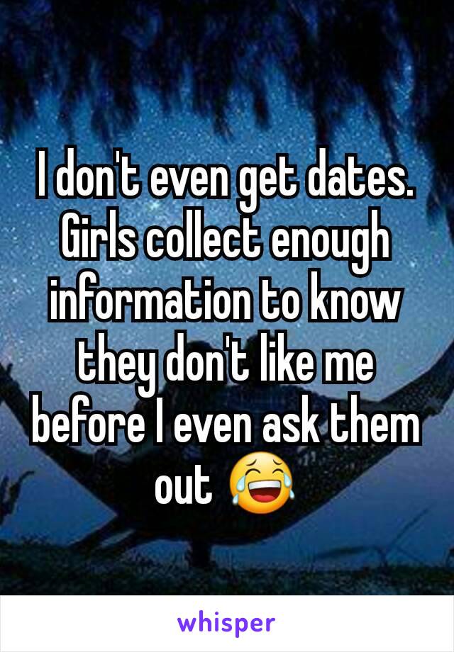 I don't even get dates. Girls collect enough information to know they don't like me before I even ask them out 😂