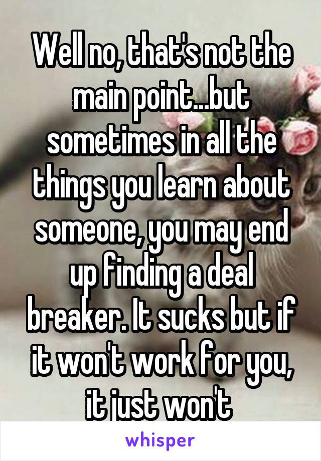 Well no, that's not the main point...but sometimes in all the things you learn about someone, you may end up finding a deal breaker. It sucks but if it won't work for you, it just won't 