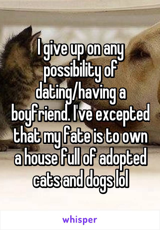 I give up on any possibility of dating/having a boyfriend. I've excepted that my fate is to own a house full of adopted cats and dogs lol