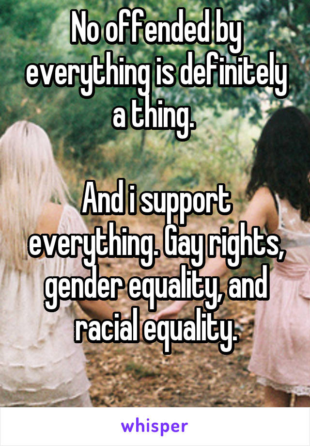 No offended by everything is definitely a thing. 

And i support everything. Gay rights, gender equality, and racial equality.

