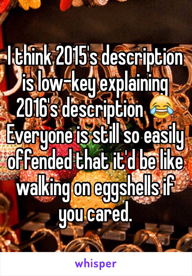 I think 2015's description is low-key explaining 2016's description 😂 Everyone is still so easily offended that it'd be like walking on eggshells if you cared.