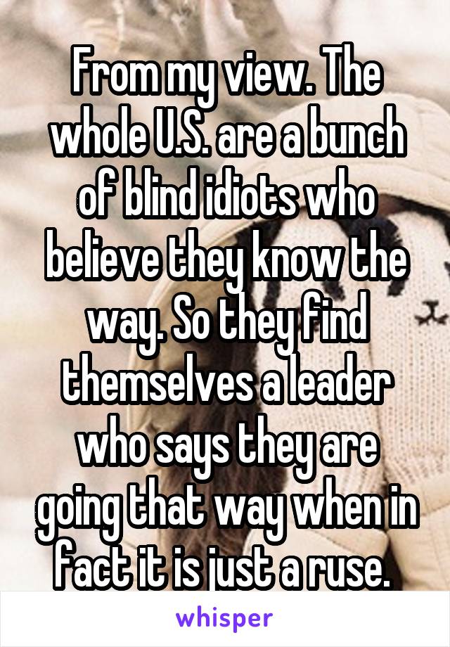 From my view. The whole U.S. are a bunch of blind idiots who believe they know the way. So they find themselves a leader who says they are going that way when in fact it is just a ruse. 