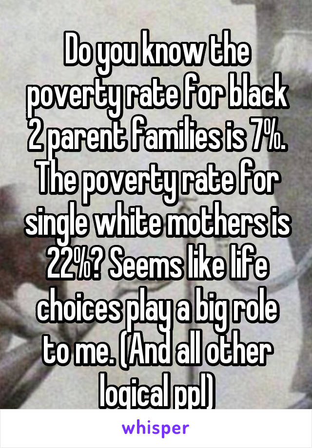 Do you know the poverty rate for black 2 parent families is 7%. The poverty rate for single white mothers is 22%? Seems like life choices play a big role to me. (And all other logical ppl)