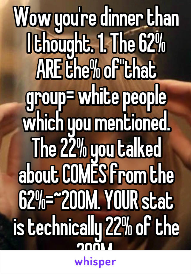 Wow you're dinner than I thought. 1. The 62% ARE the% of"that group= white people which you mentioned. The 22% you talked about COMES from the 62%=~200M. YOUR stat is technically 22% of the 200M 