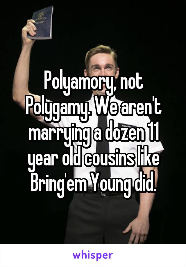 Polyamory, not Polygamy. We aren't marrying a dozen 11 year old cousins like Bring'em Young did.