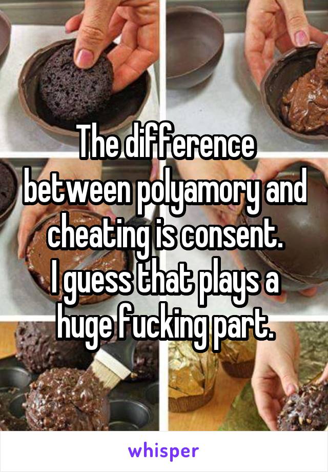 The difference between polyamory and cheating is consent.
I guess that plays a huge fucking part.