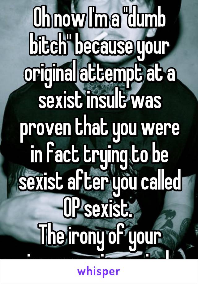 Oh now I'm a "dumb bitch" because your original attempt at a sexist insult was proven that you were in fact trying to be sexist after you called OP sexist. 
The irony of your ignorance is comical.