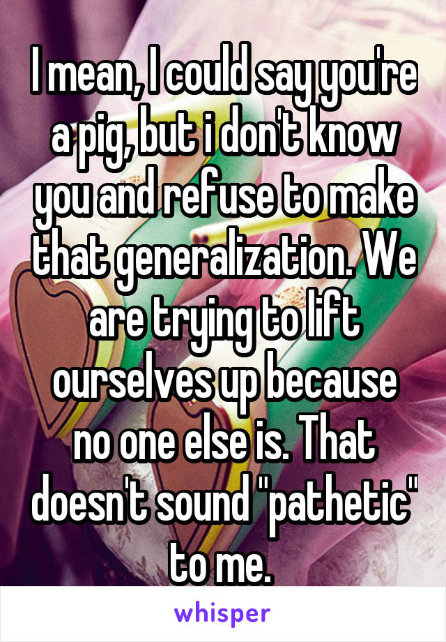 I mean, I could say you're a pig, but i don't know you and refuse to make that generalization. We are trying to lift ourselves up because no one else is. That doesn't sound "pathetic" to me. 