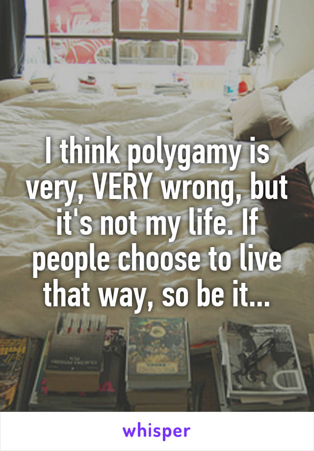 I think polygamy is very, VERY wrong, but it's not my life. If people choose to live that way, so be it...