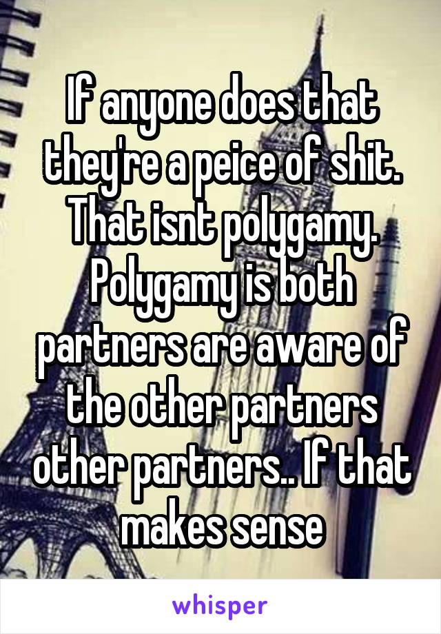 If anyone does that they're a peice of shit. That isnt polygamy. Polygamy is both partners are aware of the other partners other partners.. If that makes sense