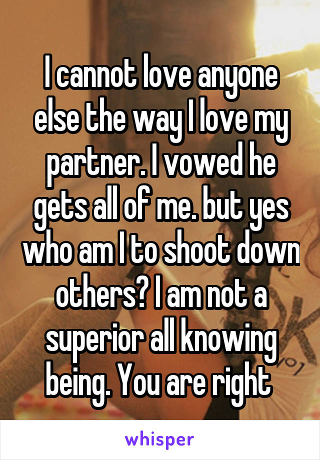 I cannot love anyone else the way I love my partner. I vowed he gets all of me. but yes who am I to shoot down others? I am not a superior all knowing being. You are right 