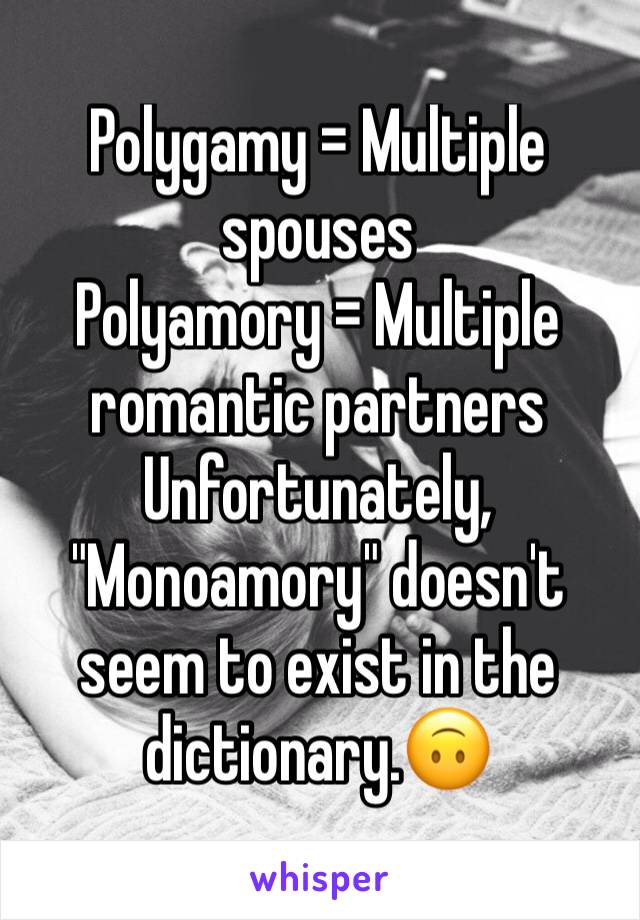 Polygamy = Multiple spouses
Polyamory = Multiple romantic partners
Unfortunately, "Monoamory" doesn't seem to exist in the dictionary.🙃