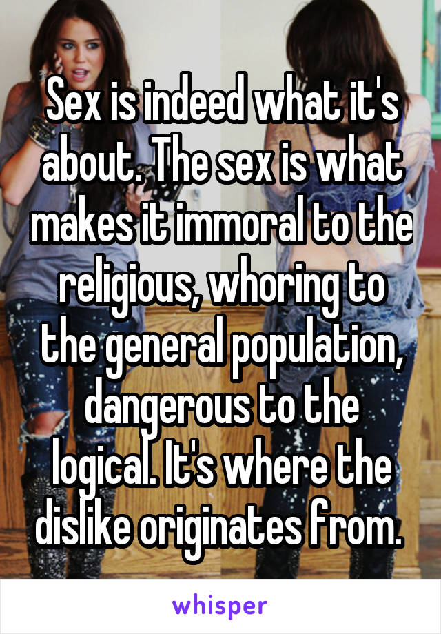 Sex is indeed what it's about. The sex is what makes it immoral to the religious, whoring to the general population, dangerous to the logical. It's where the dislike originates from. 