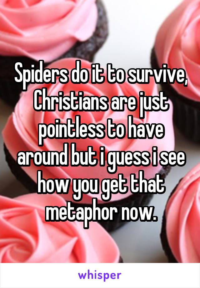 Spiders do it to survive, Christians are just pointless to have around but i guess i see how you get that metaphor now.