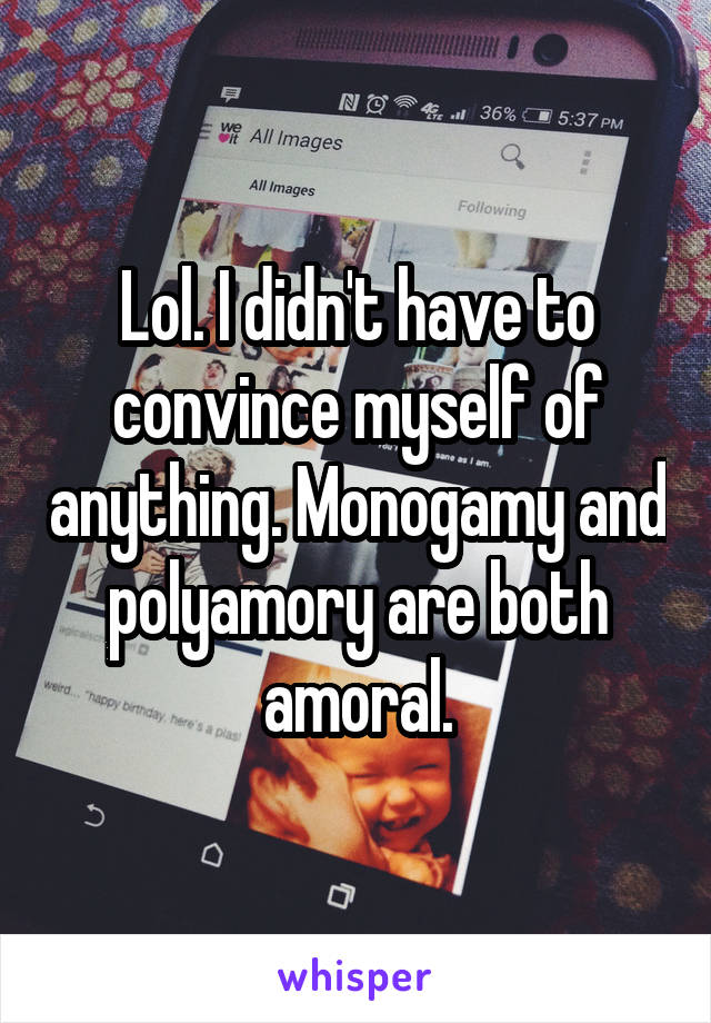 Lol. I didn't have to convince myself of anything. Monogamy and polyamory are both amoral.