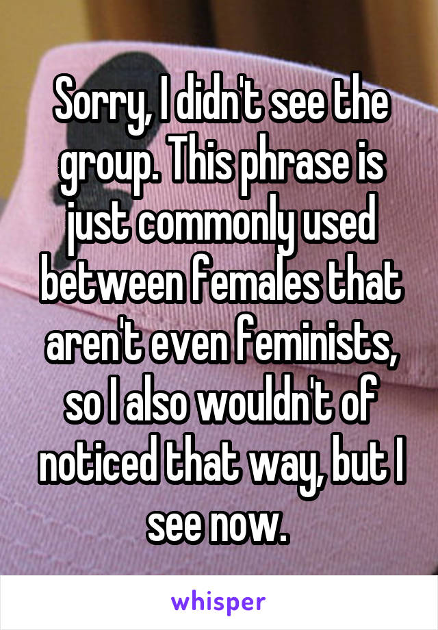 Sorry, I didn't see the group. This phrase is just commonly used between females that aren't even feminists, so I also wouldn't of noticed that way, but I see now. 