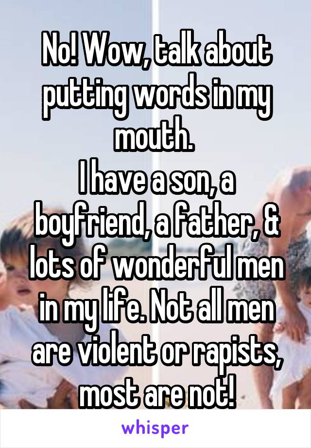 No! Wow, talk about putting words in my mouth. 
I have a son, a boyfriend, a father, & lots of wonderful men in my life. Not all men are violent or rapists, most are not!