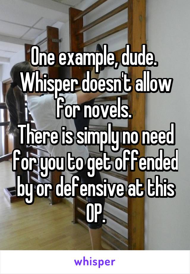 One example, dude.  Whisper doesn't allow for novels. 
There is simply no need for you to get offended by or defensive at this OP.