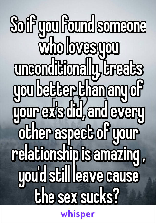 So if you found someone who loves you unconditionally, treats you better than any of your ex's did, and every other aspect of your relationship is amazing , you'd still leave cause the sex sucks? 