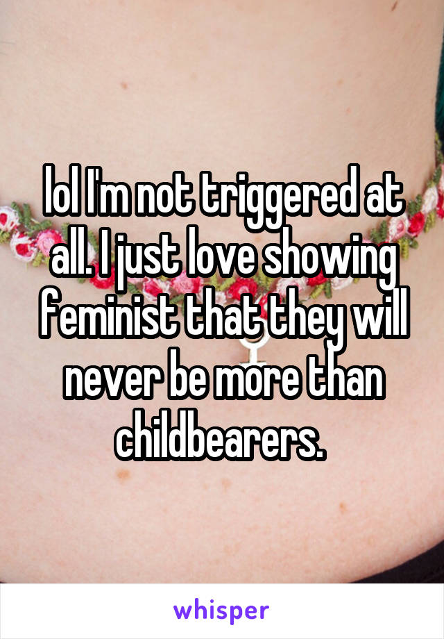 lol I'm not triggered at all. I just love showing feminist that they will never be more than childbearers. 