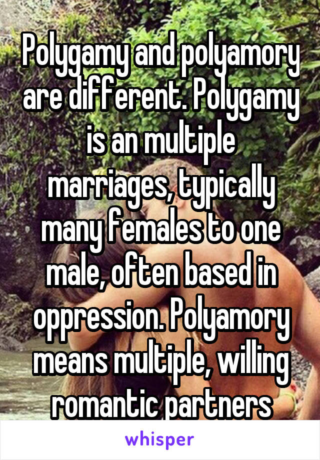 Polygamy and polyamory are different. Polygamy is an multiple marriages, typically many females to one male, often based in oppression. Polyamory means multiple, willing romantic partners