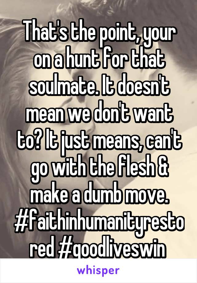 That's the point, your on a hunt for that soulmate. It doesn't mean we don't want to? It just means, can't go with the flesh & make a dumb move. #faithinhumanityrestored #goodliveswin 