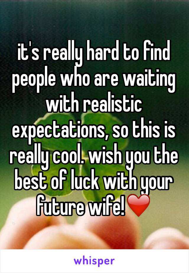 it's really hard to find people who are waiting with realistic expectations, so this is really cool. wish you the best of luck with your future wife!❤️