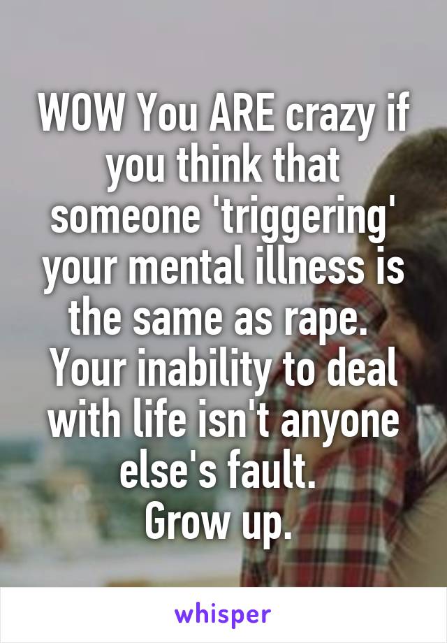 WOW You ARE crazy if you think that someone 'triggering' your mental illness is the same as rape. 
Your inability to deal with life isn't anyone else's fault. 
Grow up. 