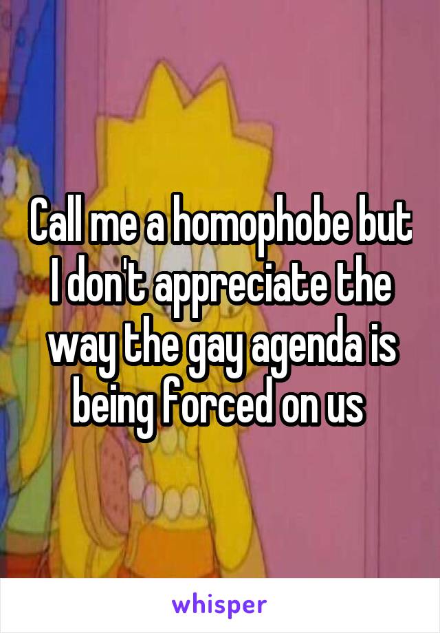 Call me a homophobe but I don't appreciate the way the gay agenda is being forced on us 