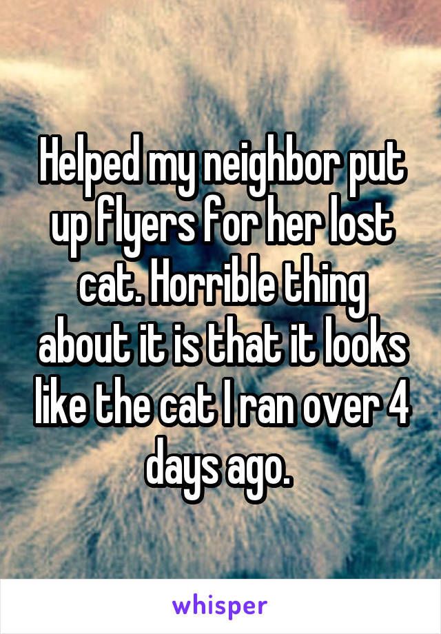 Helped my neighbor put up flyers for her lost cat. Horrible thing about it is that it looks like the cat I ran over 4 days ago. 