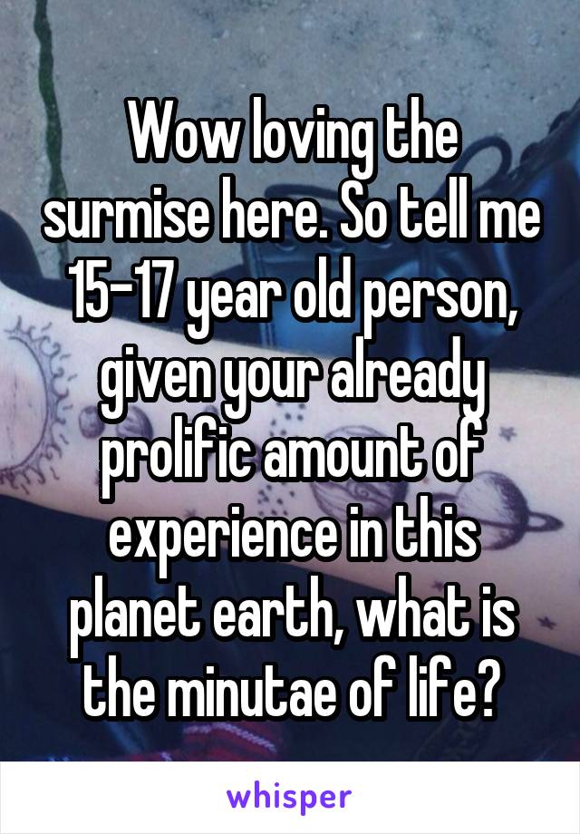 Wow loving the surmise here. So tell me 15-17 year old person, given your already prolific amount of experience in this planet earth, what is the minutae of life?