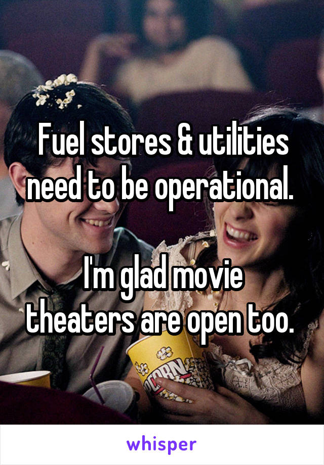 Fuel stores & utilities need to be operational. 

I'm glad movie theaters are open too. 