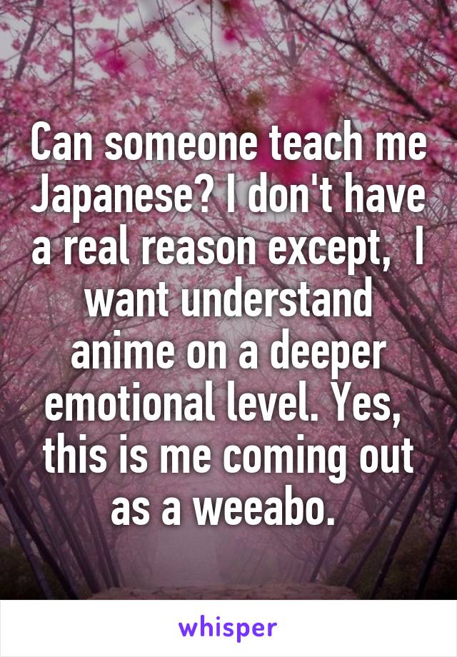 Can someone teach me Japanese? I don't have a real reason except,  I want understand anime on a deeper emotional level. Yes,  this is me coming out as a weeabo. 