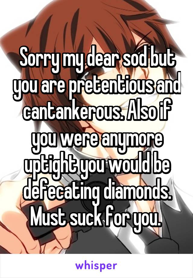 Sorry my dear sod but you are pretentious and cantankerous. Also if you were anymore uptight you would be defecating diamonds. Must suck for you. 