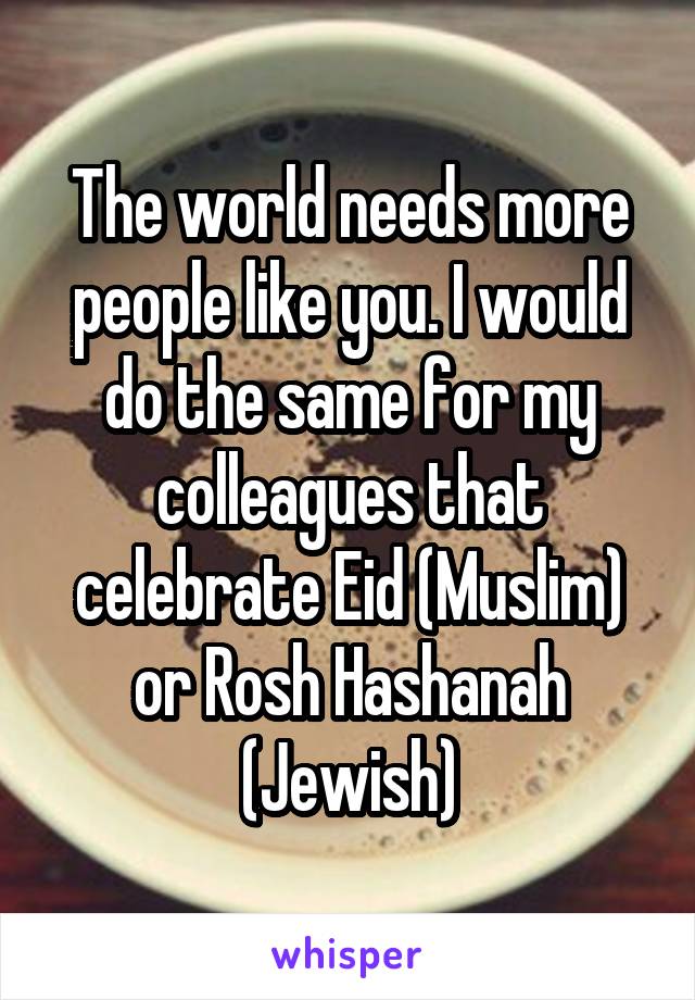 The world needs more people like you. I would do the same for my colleagues that celebrate Eid (Muslim) or Rosh Hashanah (Jewish)