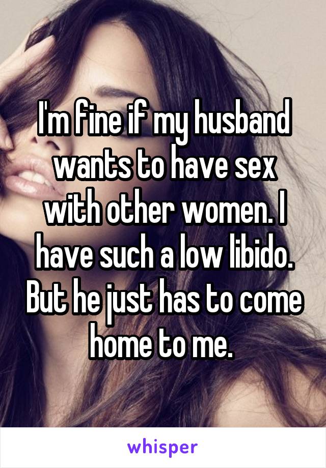 I'm fine if my husband wants to have sex with other women. I have such a low libido. But he just has to come home to me. 