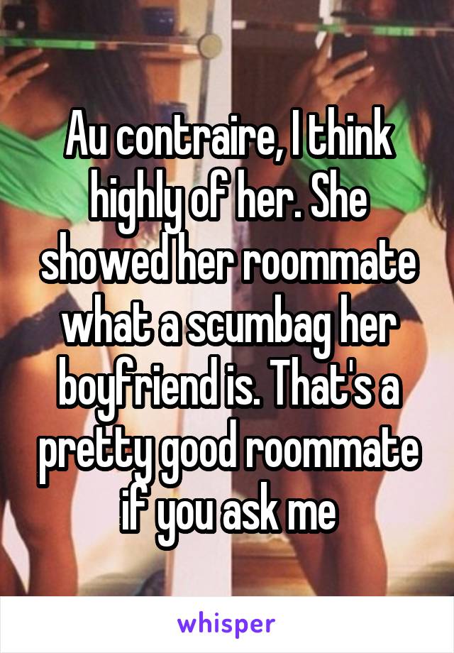 Au contraire, I think highly of her. She showed her roommate what a scumbag her boyfriend is. That's a pretty good roommate if you ask me